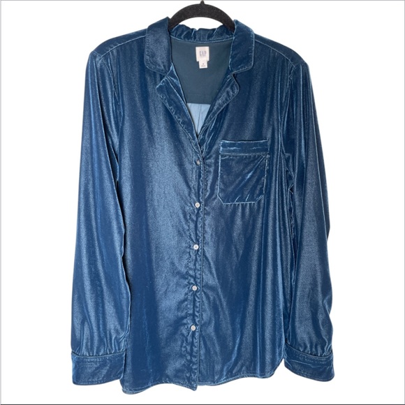 GAP Tops - Gap women’s Luxe Velvet Blue Button-Down Shirt size Medium Loungewear casual